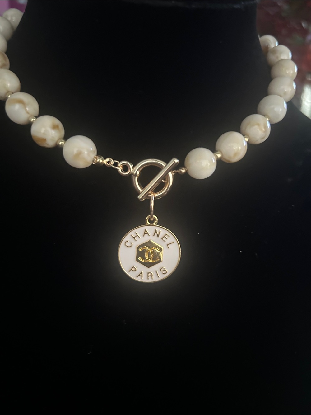 CC Cream Marbled Bead Necklace with Gold Paris Medallion